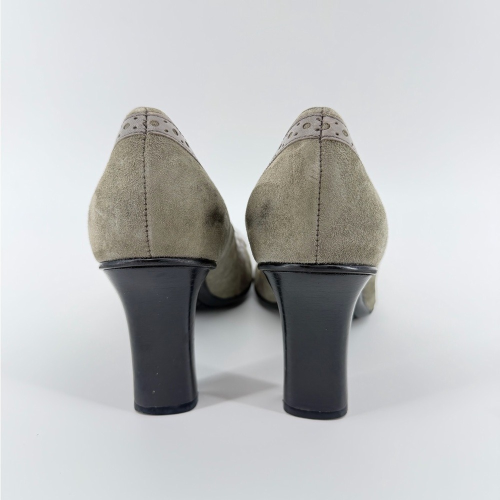 Nine West Womens 6 Oxford Olive Suede Kiltie Fringe Wingtip Block Heel Pumps Bow - Picture 6 of 10